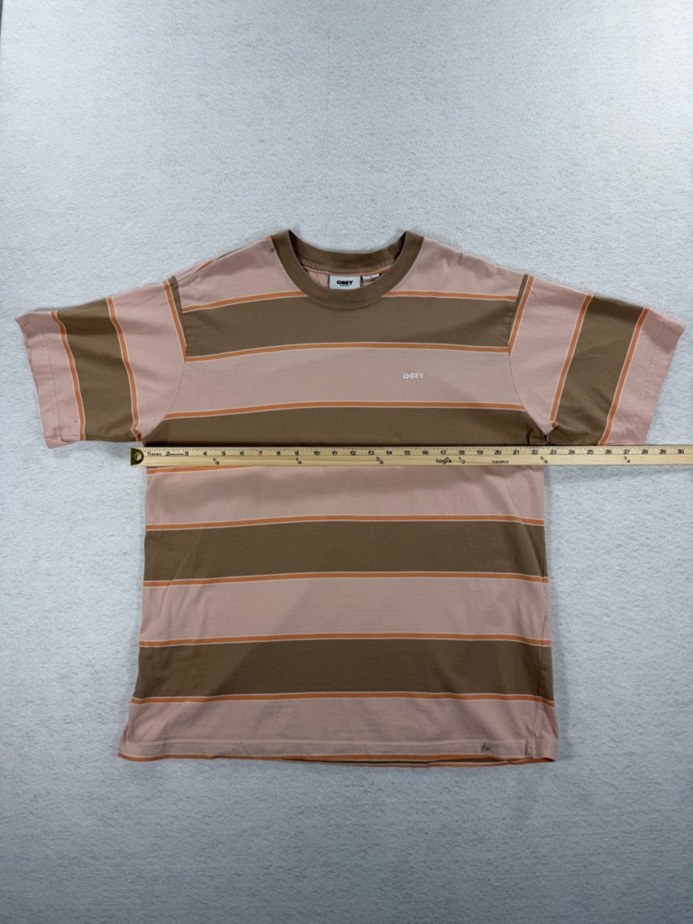 Obey Men’s Pink and Tan Striped Crew Tee Sz XL - Picture 4 of 8